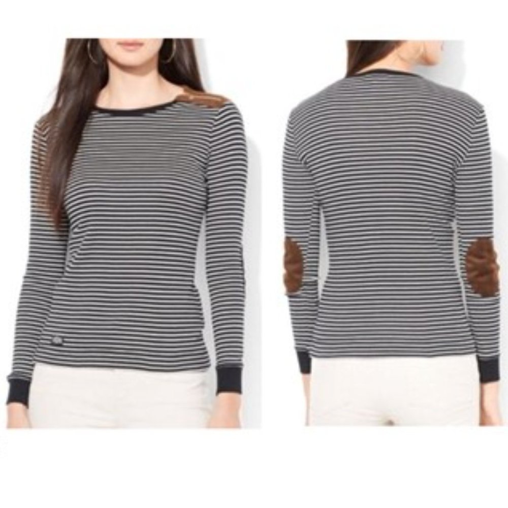 LAUREN Striped Elbow Patch Top (L)